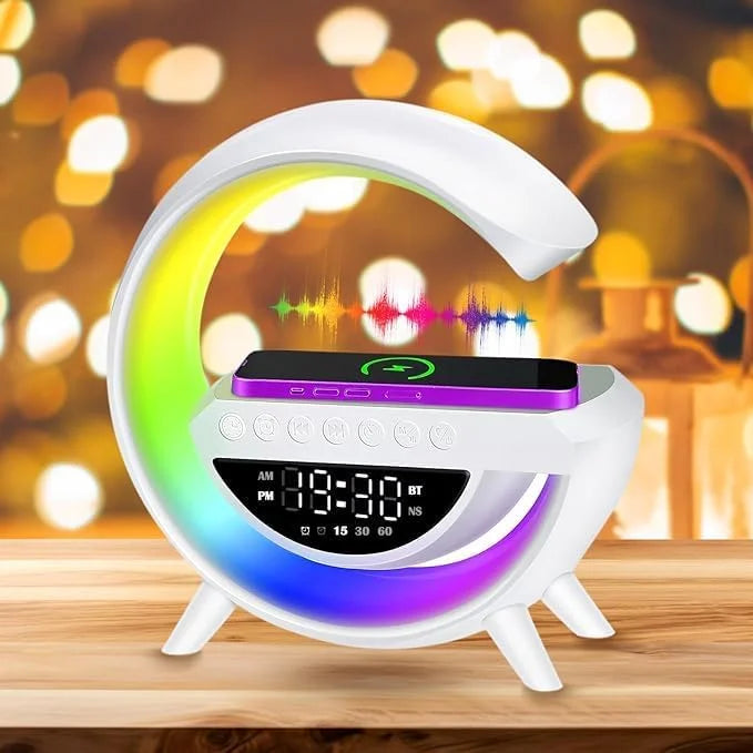 Despertador con Luz y Altavoz Bluetooth, Lampara de Mesa LED Inteligente con Cargador Inalambrico, Luz LED Regulable, Luz Nocturna con Sincronización de Musica