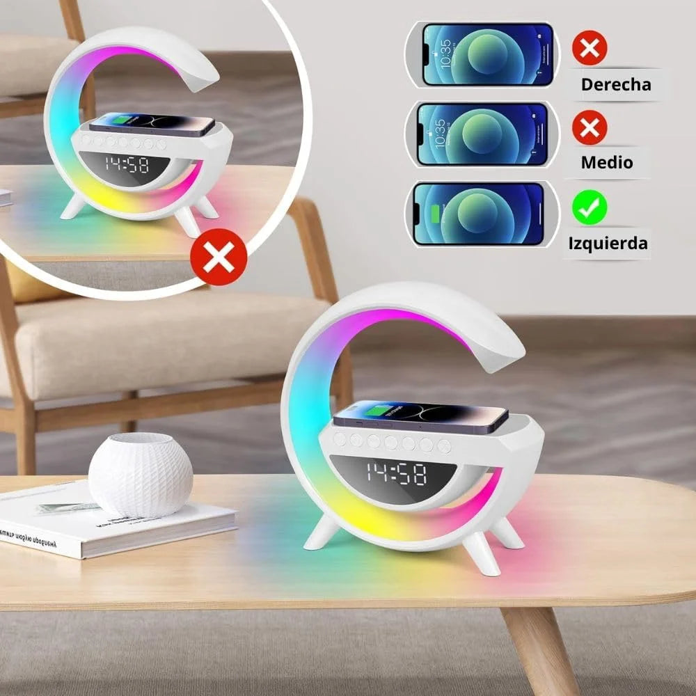 Despertador con Luz y Altavoz Bluetooth, Lampara de Mesa LED Inteligente con Cargador Inalambrico, Luz LED Regulable, Luz Nocturna con Sincronización de Musica