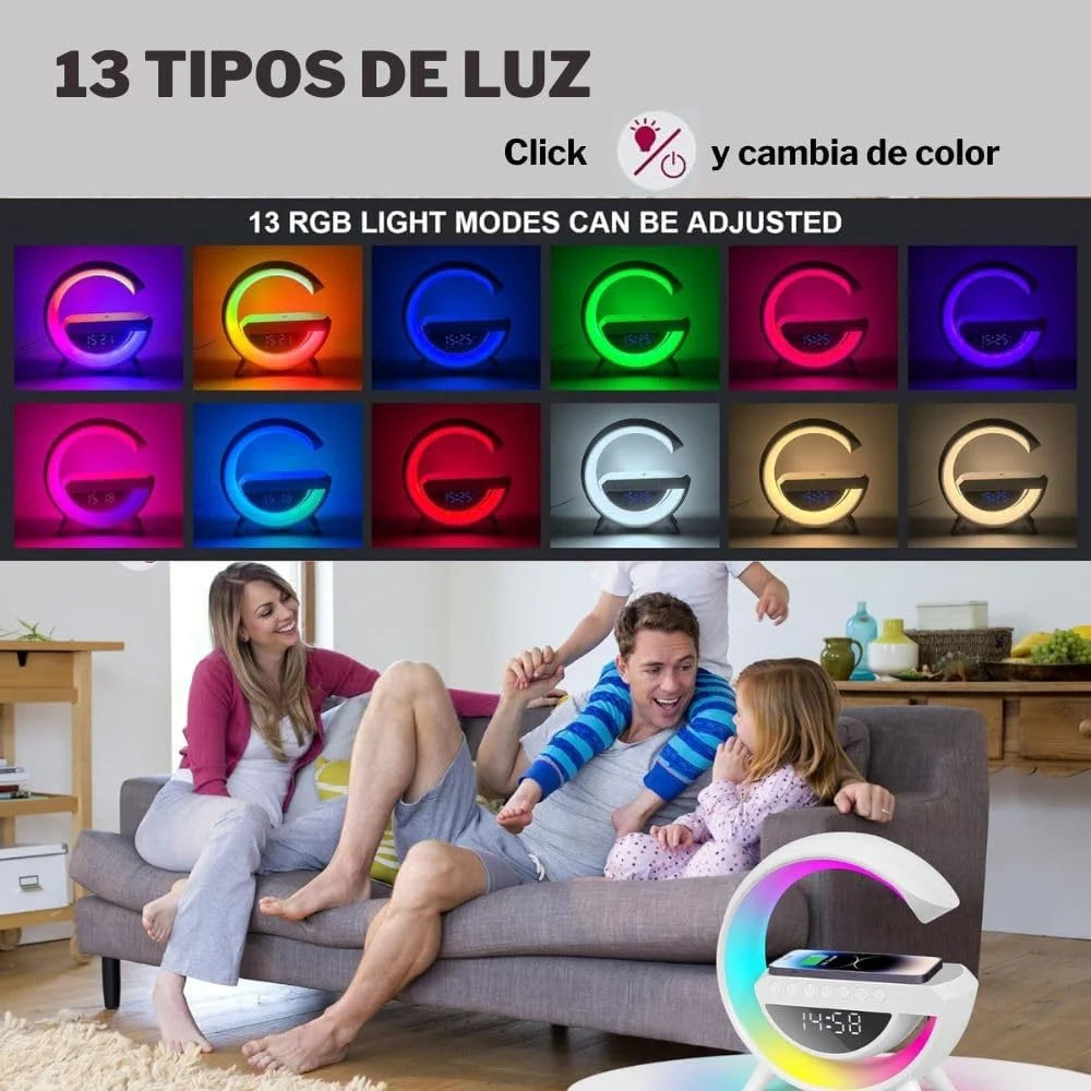 Despertador con Luz y Altavoz Bluetooth, Lampara de Mesa LED Inteligente con Cargador Inalambrico, Luz LED Regulable, Luz Nocturna con Sincronización de Musica