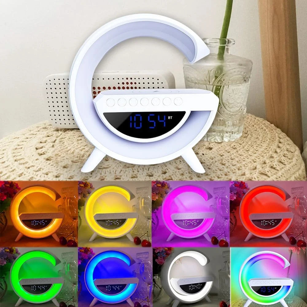 Despertador con Luz y Altavoz Bluetooth, Lampara de Mesa LED Inteligente con Cargador Inalambrico, Luz LED Regulable, Luz Nocturna con Sincronización de Musica
