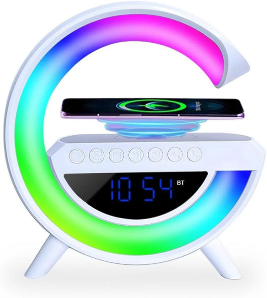 Despertador con Luz y Altavoz Bluetooth, Lampara de Mesa LED Inteligente con Cargador Inalambrico, Luz LED Regulable, Luz Nocturna con Sincronización de Musica